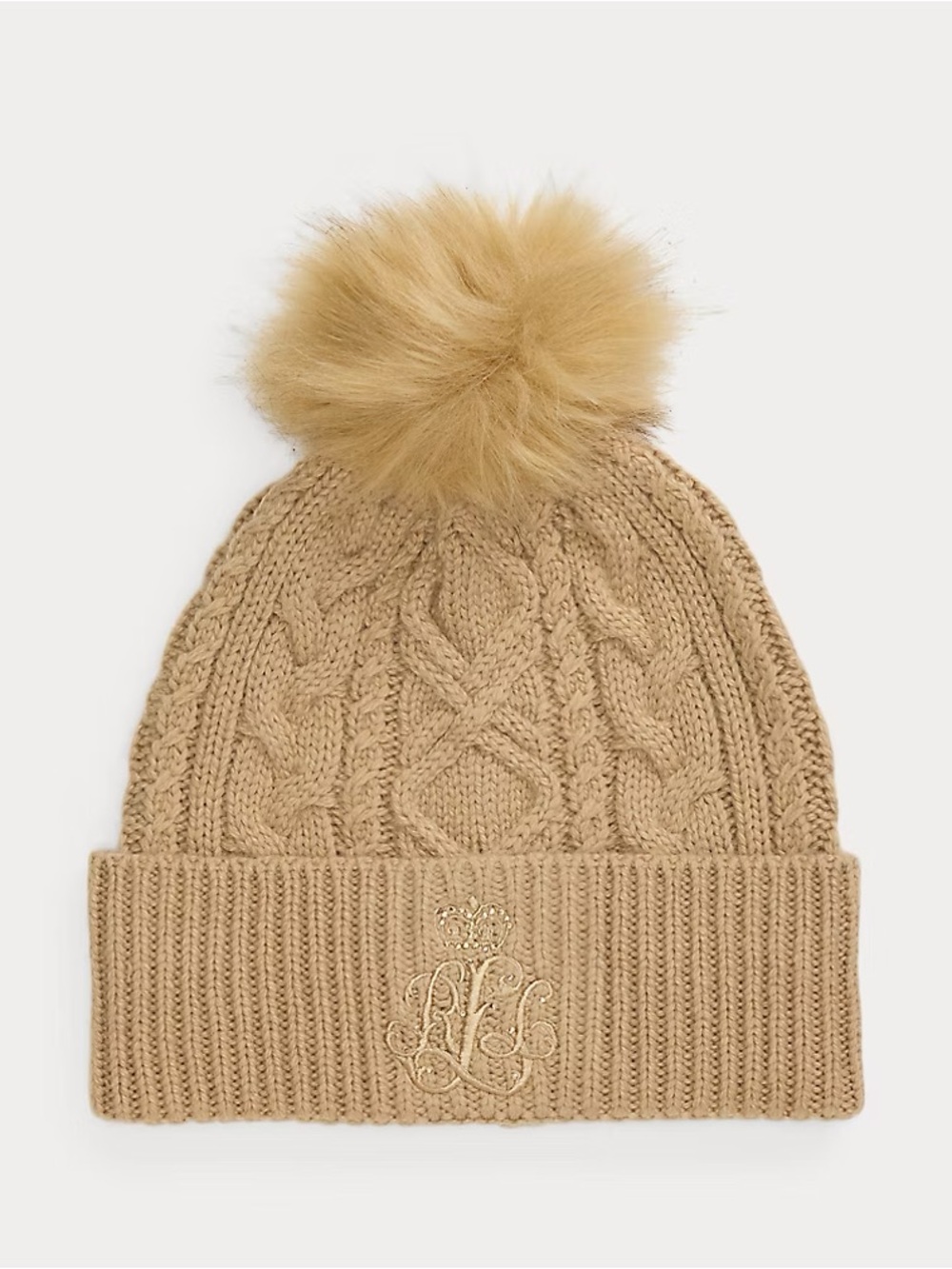 NEW Ralph Lauren Cable-Knit Embroidered Beanie Hat Winter Fall NWT Faux-Fur Pom